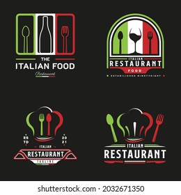 Italian Food Restaurant Logo. Italian Flag Symbol With Spoon, Fork, And Wine Bottle Icons