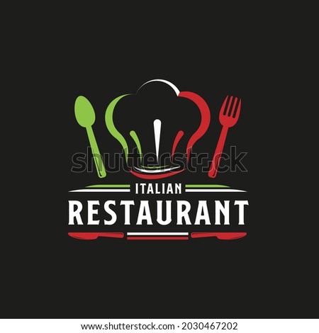 Italian Food Restaurant Logo. Italian flag symbol with Spoon, Fork, and Chef Head Cap icons. Premium and Luxury Logo