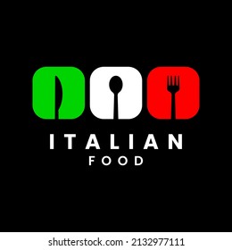 italian food or italian restaurant logo template with italian flag shape and tableware.