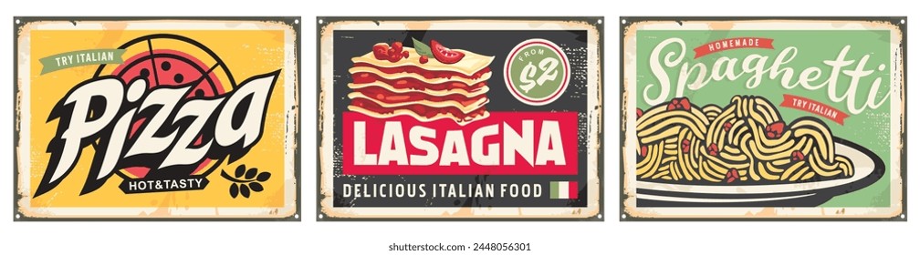 Comida italiana retro muestra colección. Carteles vintage de pizza, lasaña y espaguetis y diseños de menú de restaurantes. Ilustración vectorial de alimentos.