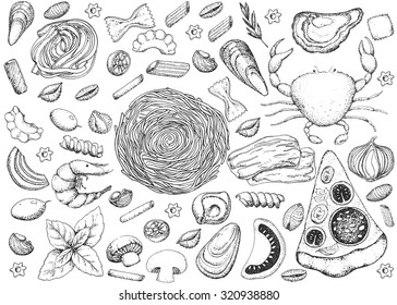 Italian food. Seafood and pasta. Spaghetti, ham, pizza, mussels. Vintage black and white illustration in the style of engravings. Hand drawn vector background.