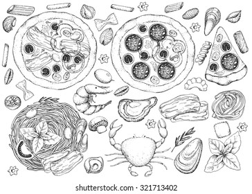 Italian food. Seafood and pasta. Spaghetti, ham, pizza, mussels. Vintage black and white illustration in the style of engravings. Hand drawn vector background. Food set.