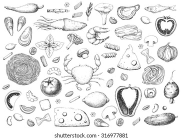 Italian food. Seafood and vegetables. Pasta and macaroni. Vintage black and white illustration in the style of engravings. Hand drawn vector background.