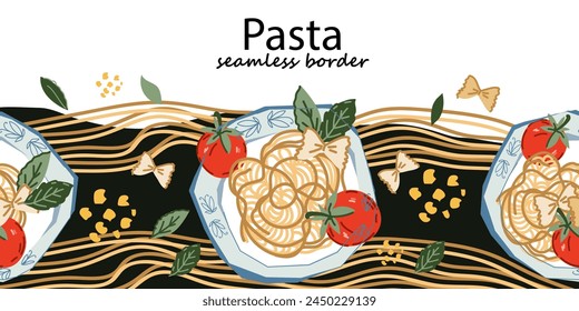 Italian food seamless border background with pasta, spaghetti on plates, tomato and basil, hand drawn flat vector illustration isolated.