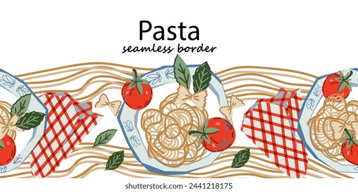 Italian food seamless border design with pasta, spaghetti on plates. Italian cuisine seamless background with noodles, flat vector illustration isolated.