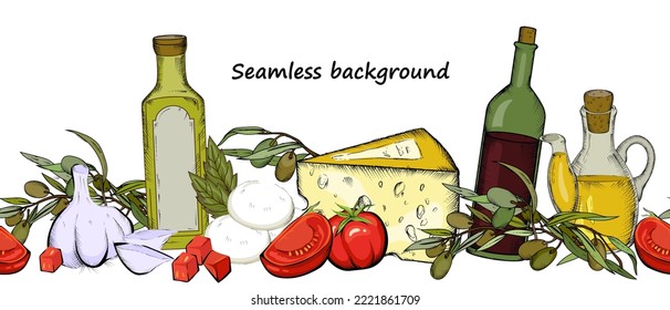 Comida italiana sin soldadura de fondo a mano, diseño de borde decorativo con aceite de oliva, vinagre balsámico y queso, ilustración vectorial de estilo grabado aislada en fondo blanco.