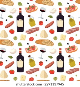 Italian food seamless pattern. Cartoon illustration with Italian cheese, meat, bread, tomatoes, and wine. Isolated on white background.