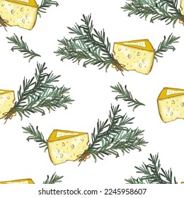 Italian food seamless pattern design with rosemary spice herb and parmesan cheese seamless pattern design vector illustration. Italian food package wrapping and fabric print.
