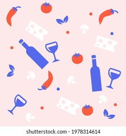Italian food seamless pattern. Italian dinner with wine, cheese, mushrooms, tomatoes.