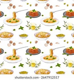 Italian food seamless pattern. Hand drawn vector pasta, lasagna, risotto, olive oil, Italy fresh ingredients for restaurant and cafe menu, packaging, textile, print isolated on white background