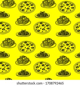 Italian food, seamless pattern, pasta, pizza and risotto, vector illustration, hand drawing, yellow color
