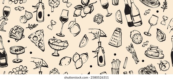 Italian food seamless pattern, vector doodle hand drawn wine background, Amalfi lemon print, pizza. Traditional sketch eatery texture, cafe scribble wallpaper, picnic drinks design. Italian pattern