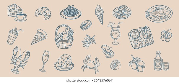 Italian food set - рand drawn. Minimalist line art.. Mediterranean lunch and dinner doodle icons. Pasta, olive, seafood,, pizza, cheese, tomato, wine. Dolce vita aesthetics. Perfect for print, menu