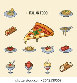 Italian food set with hand drawn dishes, and menu design.