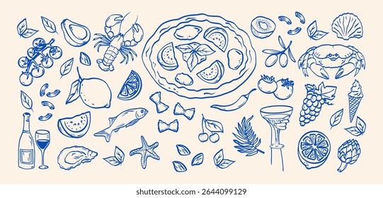 Italian food set hand drawn doodle sketch. Pasta, olive, pizza, tomato, lemon, crab, lobster, grapes, wine. Summer elements drawings for poster, placard print, menu, sticker.