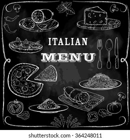 Italian food set. Hand drawn vector illustration. Pizza set. Vintage. Sketch. Chalkboard background. Restaurant menu