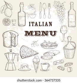 Italian food set. Hand drawn vector illustration. Pizza set. Vintage. Sketch. Grange background. Restaurant menu.