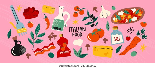 Juego de comida italiana, ingredientes. Pegatinas de garabatos de dibujos animados de productos tradicionales: aceite de oliva, tomates, mozzarella, pizza, queso, pasta. Vector retro groovy conjunto de alimentos