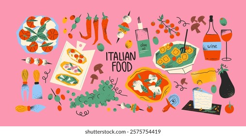 Italian food set, ingredients. Cartoon doodle stickers of traditional products: olive oil, tomatoes, mozzarella, pizza, cheese, pasta. Vector retro groovy food set