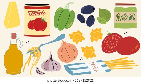 Italian food set, ingredients. Cartoon doodle stickers of traditional products: olive oil, tomatoes, cheese, paprika, pasta. Vector food set