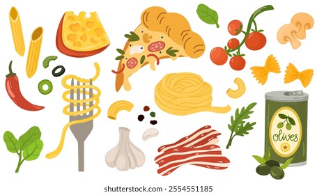 Italian food set, ingredients. Traditional products set, olive oil, tomatoes, mozzarella, pizza, cheese, pasta. Vector hand draw food illustrations isolated on white background