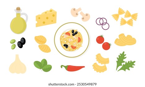 Italian food set. Pasta recipe, ingredients. Traditional Italian cuisine products. Pasta, basil, cheese, olive oil, tomatoes, mushrooms, pepper. Vector illustration, flat style.