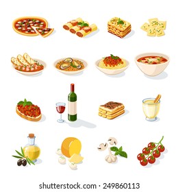 Italian Food Set With Pizza Pasta Cheese Tomato Isolated Vector Illustration