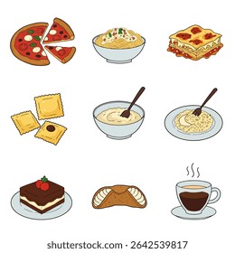 Italian Food Set Pizza with Pasta, Lasagna, and Dessert.