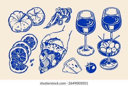 Italian food set with pizza slice, shrimp, heirloom tomatoes, wine glasses, cheese, lemon slices, olives, hand drawn blue ink vector on beige background. La dolce vita mediterranean style.