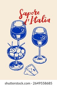 Italian food set with pizza slice, shrimp, heirloom tomatoes, wine glasses, cheese, lemon slices, olives, hand drawn blue ink vector on beige background. La dolce vita mediterranean style.