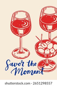 Italian food set with pizza slice, shrimp, heirloom tomatoes, wine glasses, cheese, lemon slices, olives, hand drawn blue ink vector on beige background. La dolce vita mediterranean style.
