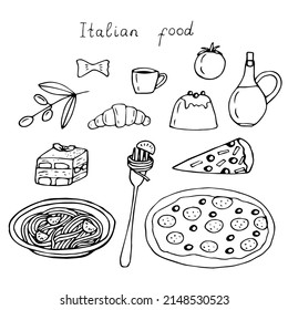 Italian food set vector illustration, hand drawing doodles