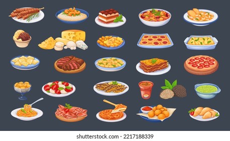 Italian food set vector illustration. Cartoon isolated pizza and pasta, fried fastfood snacks with cheese and desserts, homemade and restaurant dinner dishes and sauces cooking in cuisine of Italy