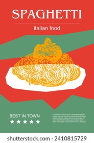 Ilustración vectorial del conjunto de alimentos italiano. Espagueti grabado, un paquete de platos tradicionales, platos caseros y de restaurante para la cena y salsas para cocinar en la cocina de Italia