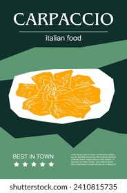 Italian food set vector illustration. Engraved carpaccio, bundle of traditional dishes, homemade and restaurant dinner dishes and sauces cooking in cuisine of Italy
