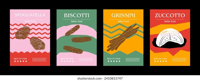 Italian food set vector illustration. Engraved sfogliatella, biscotti, grissini, zuccotto, bundle of traditional dishes, homemade and restaurant dinner dishes and sauces cooking in cuisine of Italy