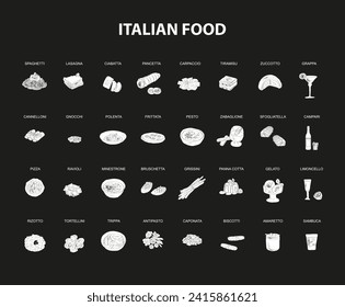 Italian food set vector illustration. Engraved, bundle of traditional dishes, homemade and restaurant dinner dishes and sauces cooking in cuisine of Italy