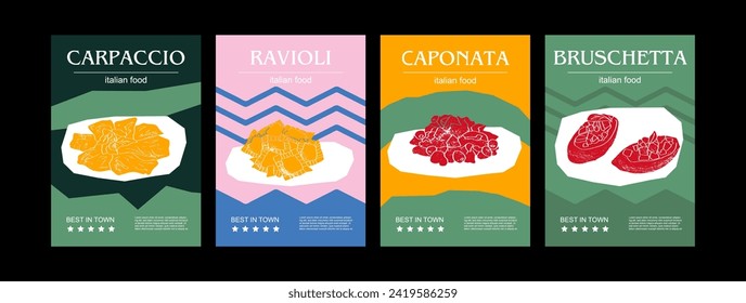 Italian food set vector illustration. Engraved carpaccio, ravioli, caponata, bruschetta, bundle of traditional dishes, homemade and restaurant dinner dishes and sauces cooking in cuisine of Italy