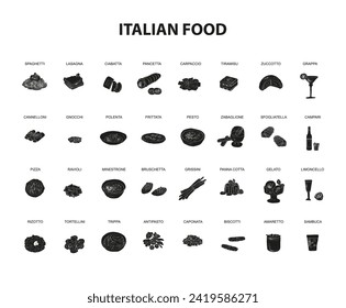 Italian food set vector illustration. Isolated pizza and pasta, fried fastfood snacks with cheese and desserts, homemade and restaurant dinner dishes and sauces cooking in cuisine of Italy