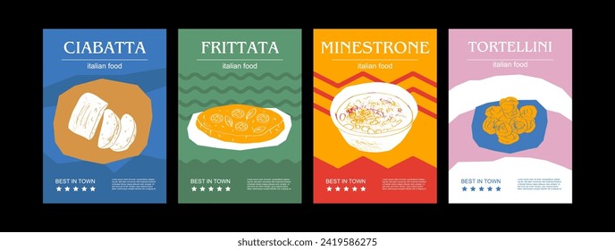 Italian food set vector illustration. Engraved ciabatta, frittata, minestrone, tortellini, bundle of traditional dishes, homemade and restaurant dinner dishes and sauces cooking in cuisine of Italy