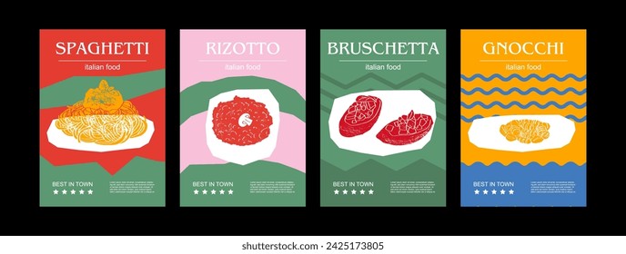 Ilustración vectorial de conjunto de alimentos italianos. Espagueti grabado, risotto, bruschetta, gnocchi, paquete de platos tradicionales, platos caseros y de la cena del restaurante y salsas de cocina en la cocina de Italia