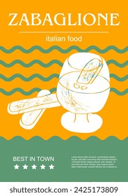 Italian food set vector illustration. Engraved Zabaglione, bundle of traditional dishes, homemade and restaurant dinner dishes and sauces cooking in cuisine of Italy