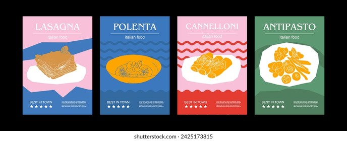 Ilustración vectorial de conjunto de alimentos italianos. Lasaña grabada, polenta, canelones, antipasto, paquete de platos tradicionales, platos caseros y de la cena del restaurante y salsas de cocina en la cocina de Italia