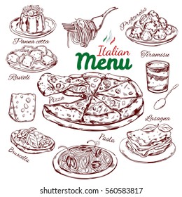 Italian food sketch collection with national traditional dishes meals and desserts isolated vector illustration