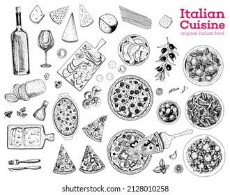 Italian food sketch. Set of Italian dishes with pasta, pizza, ravioli and ingredients. Food menu design template. Italian cuisine. Vintage hand drawn sketch vector illustration. Engraved image