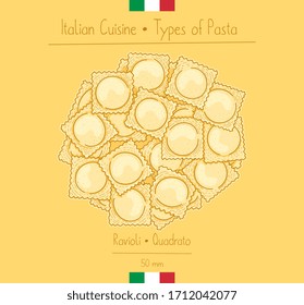 Italian food square pasta with filling aka Ravioli Quadrato, sketching illustration in the vintage style
