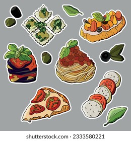 Italian food sticker set. Bruschetta, pizza, ravioli, parmigiana