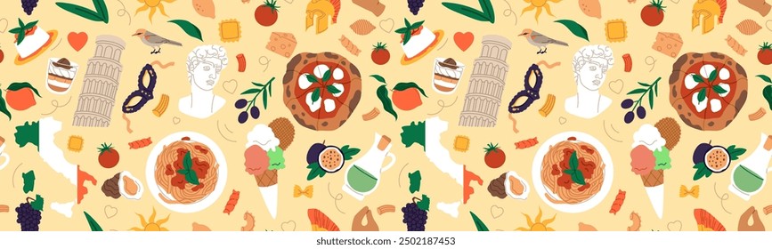 Italian food texture. Travel in Italy concept. Template for restaurant. Pizza and pasta cooking. Fresh tomato. Olive oil. Roman pattern. Ancient Pisa tower. National culture. Vector menu background