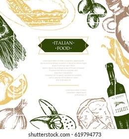 Italian Food - three color vector hand drawn composite flyer with copyspace. Realistic olive, oil, garlic, vinegar, pasta, tomato, spicy pepper, cheese, almond, lasagne.