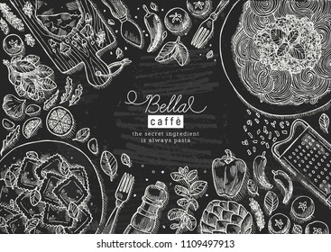 Italian food top view chalkboard illustration. Spagetti and ravioli table background. Engraved style illustration. Hero image. Vector illustration